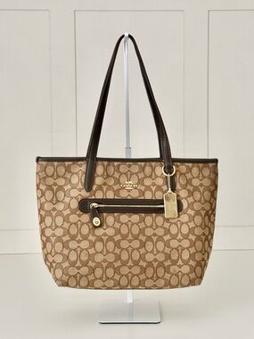 Coach Tan/Brown Signature Jacquard Tote with Dark Brown Trim